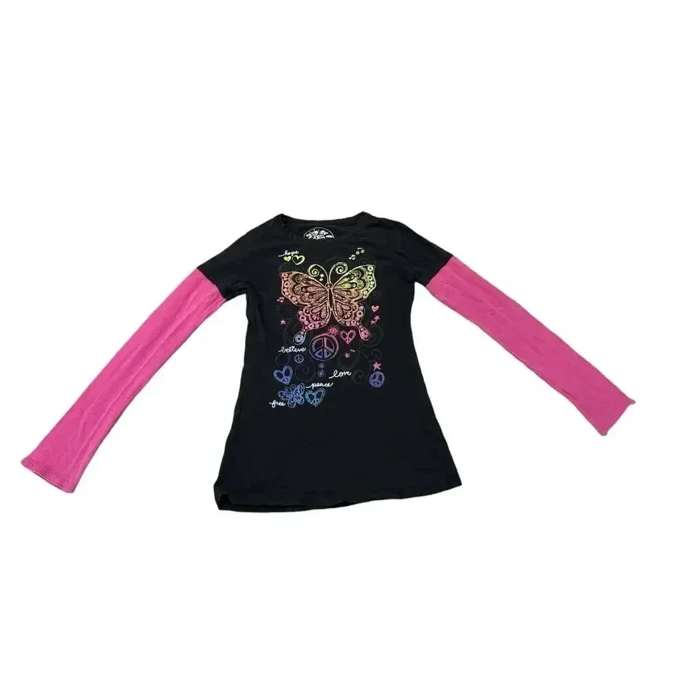 Super Shiny Girls XL 14-16 Long Sleeve Graphic Tee Butterfly Peace Design